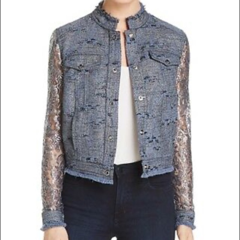 Rare Eli Tahari Blue silver shimmery Lace-Sleeve tweed Jacket Size Xs